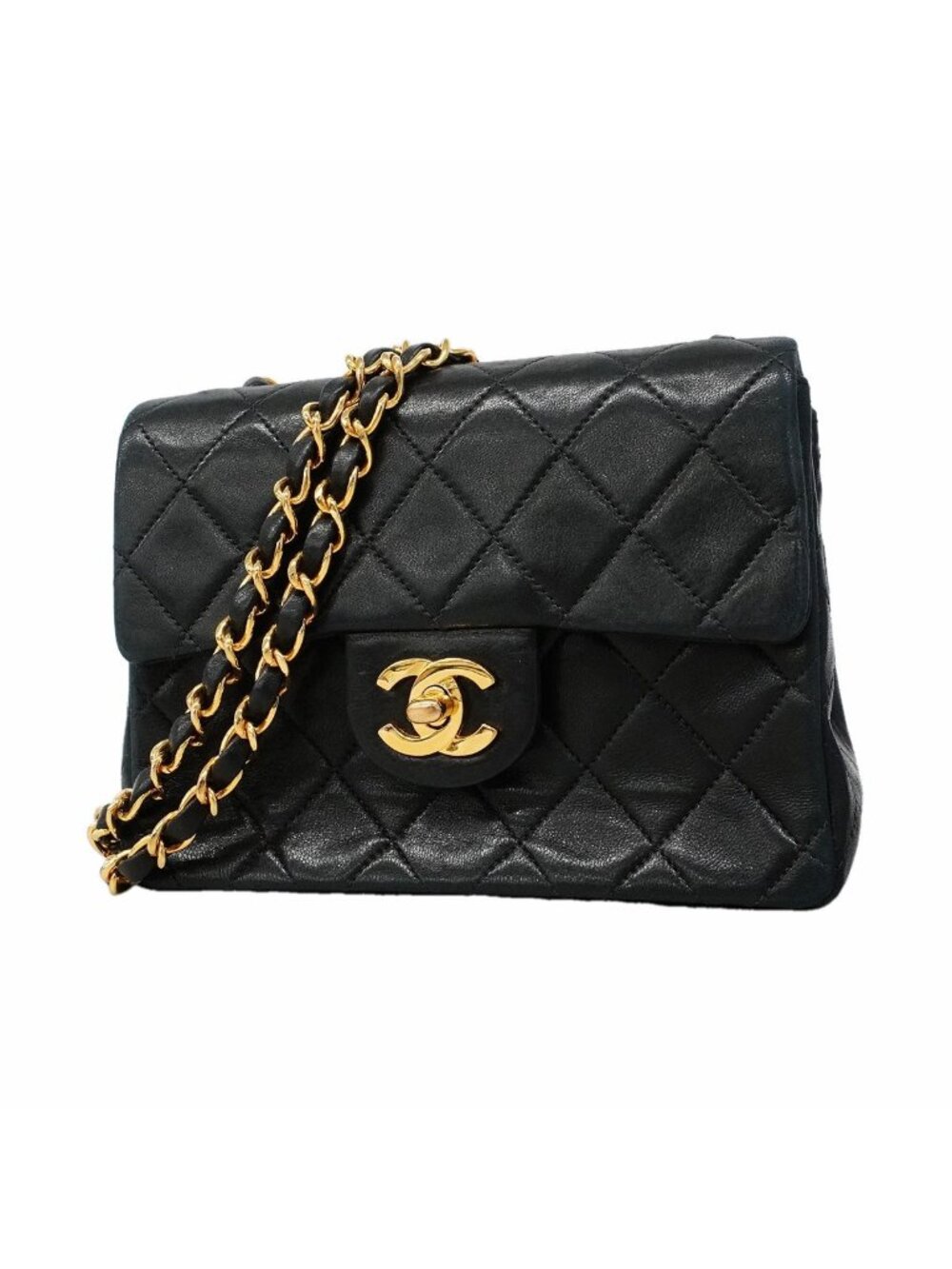 Chanel Shoulder Bag Mini Quilted Lambskin Black Gold